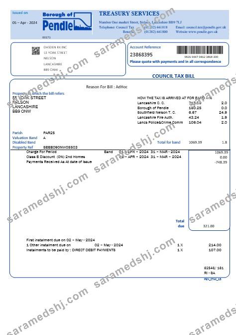 United Kingdom Borough of Pendle council tax business utility bill template in Word and PDF formats
